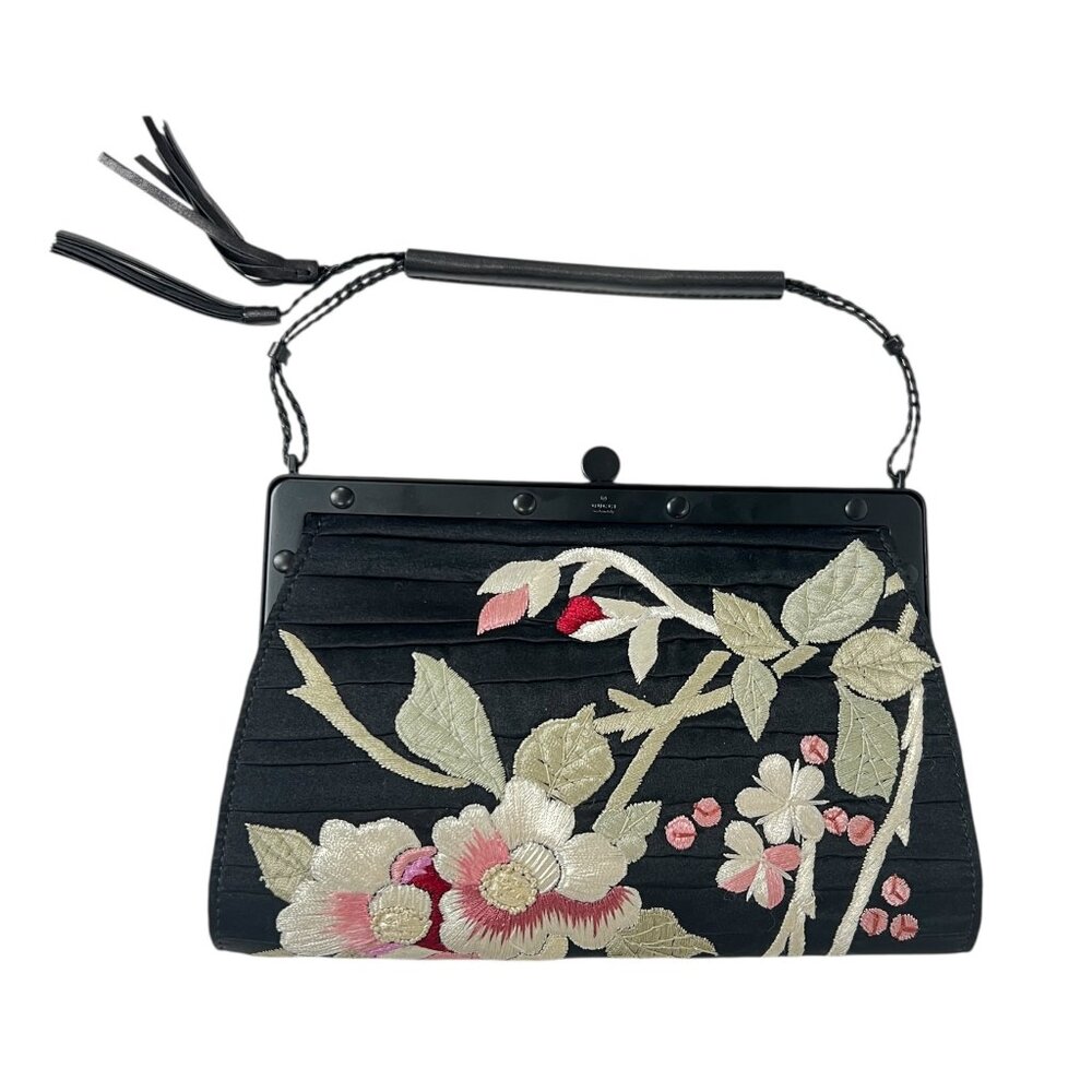 Gucci VINTAGE '03 Black Satin Pleated Multi Embroidered Tassel Mini Shoulder Bag